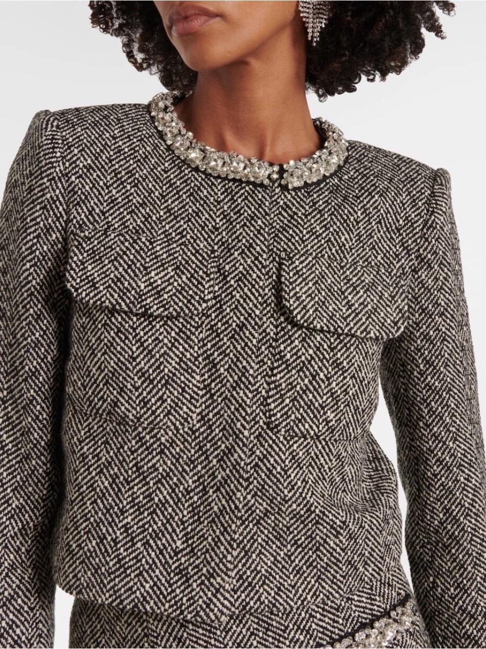 Self-Portrait Black & White Herringbone Tweed Jacket with Jewel Collar